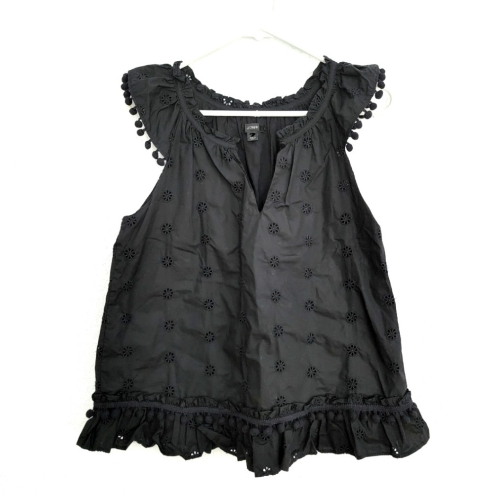 J.Crew Pompom Eyelet Ruffle Black Top L